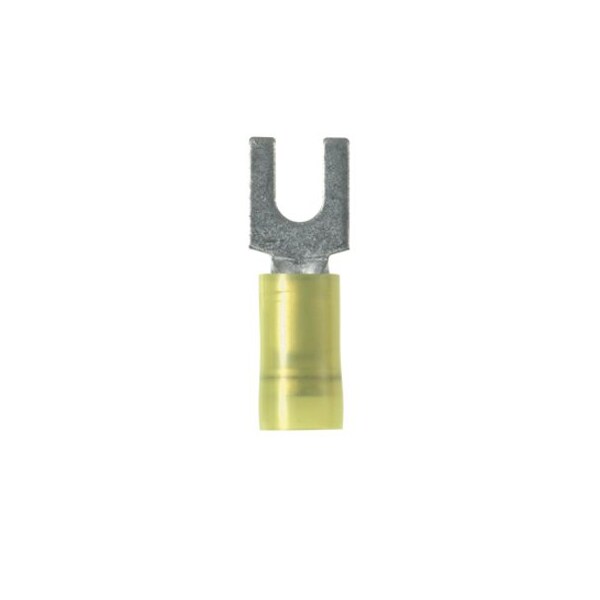 Fork Terminal, 1/4 in Stud Size, 10 AWG, 600 V, Nylon Insulated, Yellow, 50 PK